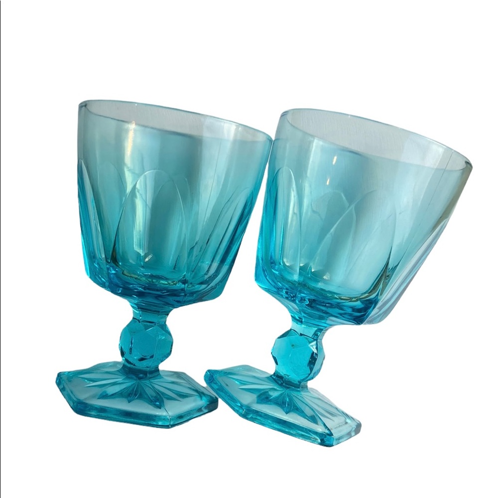 Hazelware Capri Azure Blue Hexagon Footed Stemmed Glass Set of 2